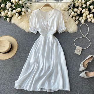 V-neck Short-sleeve Faux Pearl Dress