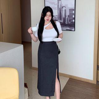 Short-sleeve Cutout Fitted Top / Slit Midi Pencil Skirt