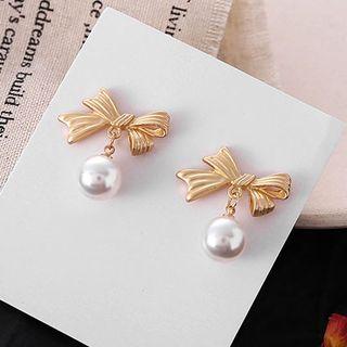 925 Sterling Silver Bow Faux Pearl Dangle Earring