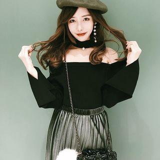 Bell-sleeve Cut-out Knit Top Black - One Size