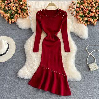 Faux Pearl Asymmetrical Midi Knit Dress