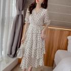 Dotted Short-sleeve Tiered Midi A-line Dress