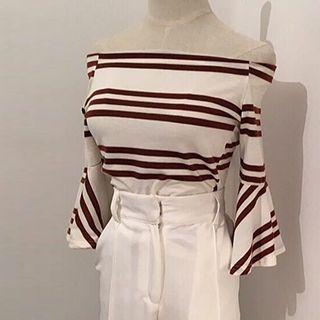 Striped Bell-sleeve Off-shoulder Top