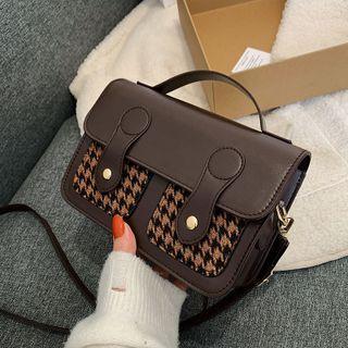 Hounstooth Panel Faux Leather Crossbody Bag