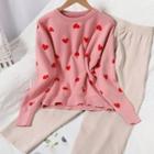 Set: Heart Print Knit Top + Straight-cut Pants Pink Knit Top & Pants - Almond - One Size