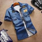 Applique Washed Short-sleeve Denim Shirt