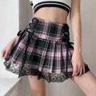 Lace-up Plaid Pleated Lace Trim Mini A-line Skirt