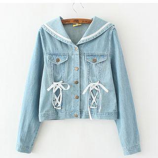Lace Up Detail Sailor Collar Denim Jacket