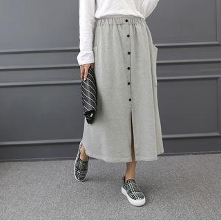 Band-waist Button-trim Midi Skirt