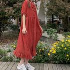 Floral Print Elbow-sleeve Midi Chiffon Dress Red - One Size