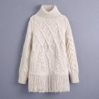 Turtleneck Cable Knit Fringed Sweater