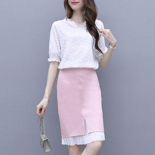 Set: Elbow-sleeve Frill Trim Perforated Dress + Pencil Skirt