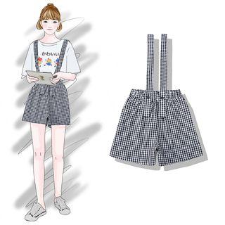 Plaid Suspender Shorts Gingham - Black - One Size