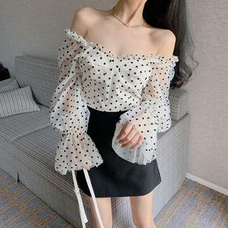 Dotted Bell-sleeve Mesh Blouse As Shown In Figure - One Size