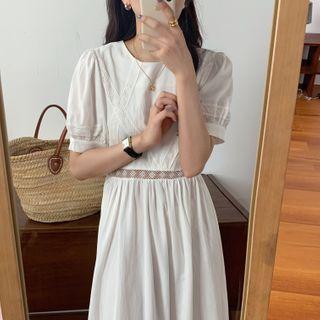 Puff-sleeve Crochet Plain Dress