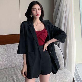 Set: Plain Elbow-sleeve Blazer + Shorts