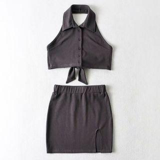 Collared Button-up Tank Top / Slit Mini Pencil Skirt