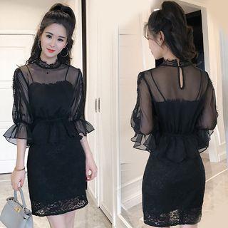 Set: Elbow-sleeve Sheer Blouse + Spaghetti-strap Lace Dress