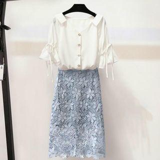 Set: Elbow-sleeve Blouse + Lace A-line Skirt
