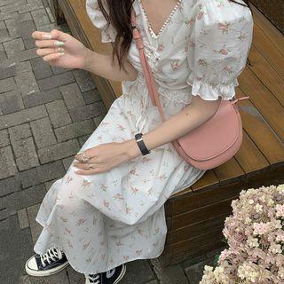 Puff Sleeve V-neck Floral Print Maxi Dress