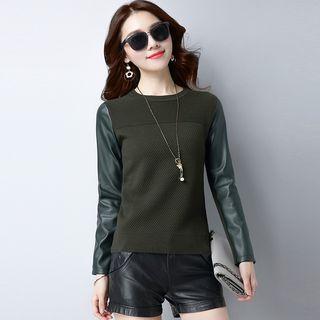 Long-sleeve Faux Leather Panel Knit Top