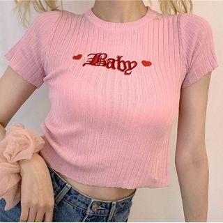 Letter Embroidered Short-sleeve Rib Knit Top
