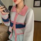 Color Block Collared Zip-up Cropped Cardigan Gray & Pink - One Size