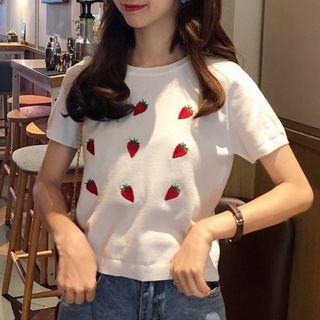 Short-sleeve Embroidered Strawberry Knit Top