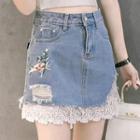 Lace-trim Embroidered Mini Denim Skirt