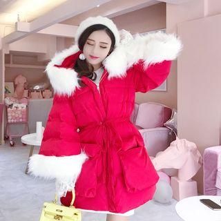 Furry-trim Hooded Drawstring Padded Jacket