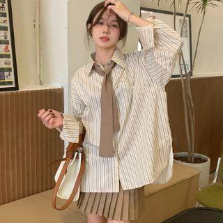 Striped Shirt With Coffee Tie - Coffee Stripe - White - One Size