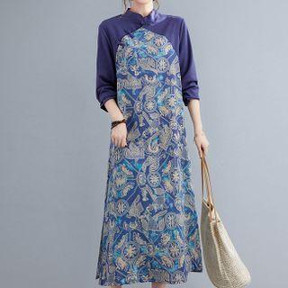 Long-sleeve Patterned Print Midi A-line Dress