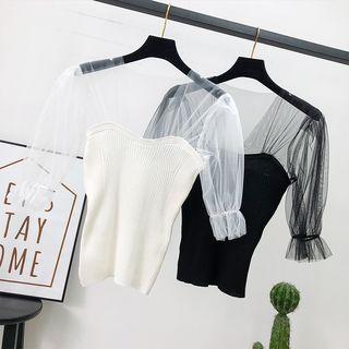 Patchwork V-neck Sheer Top
