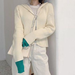 Zip-up Hooded Knit Jacket / Two Tone Knit Top