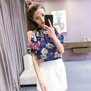 Cutout Shoulder Flower Print Short-sleeve Top