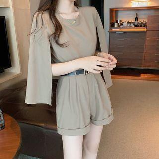 Set: Slit Long Sleeve Plain Top + Rolled Shorts