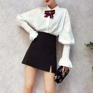 Set : Stand-collar Long-sleeve Blouse + Slit Skort