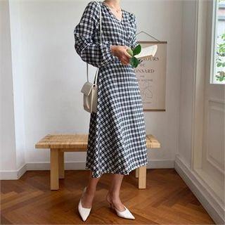 Wrap-front Tie-waist Checked Dress Black - One Size