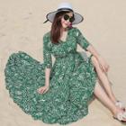 Elbow-sleeve Floral Printed Beach Dress