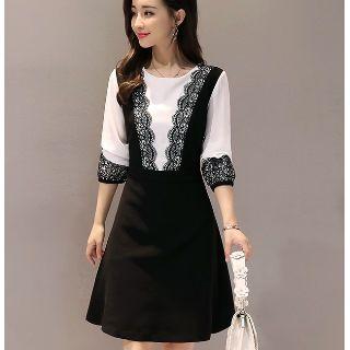 3/7-sleeve Lace Panel A-line Dress