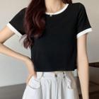 Round-neck Contrast Trim Cropped Top