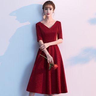 Short-sleeve V-neck A-line Cocktail Dress (various Designs)