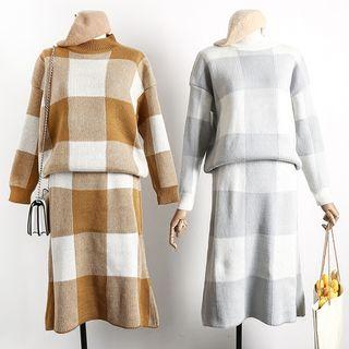 Set: Plaid Knit Sweater + Midi Skirt
