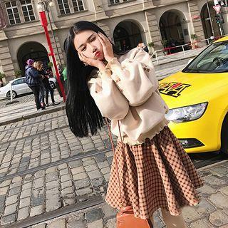 Floral Embroidered Pullover / Plaid Mini A-line Skirt / Set