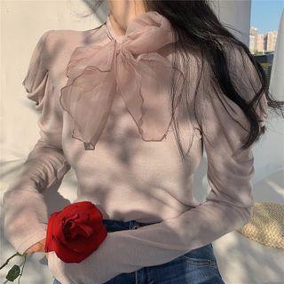 Long-sleeve Tie-neck Top Light Mauve - One Size