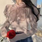 Long-sleeve Tie-neck Top Light Mauve - One Size