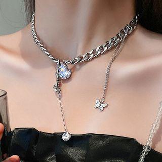 Ribbon Titanium Steel Rhinestone Necklace 1 Pc - Silver - One Size