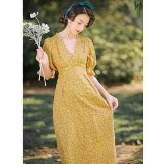 Floral V-neck Midi A-line Dress