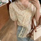 Puff-sleeve Floral Print Lace Trim Blouse Floral - Almond - One Size