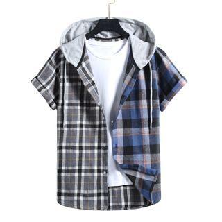 Short-sleeve Hooded Paneled Plaid Shirt